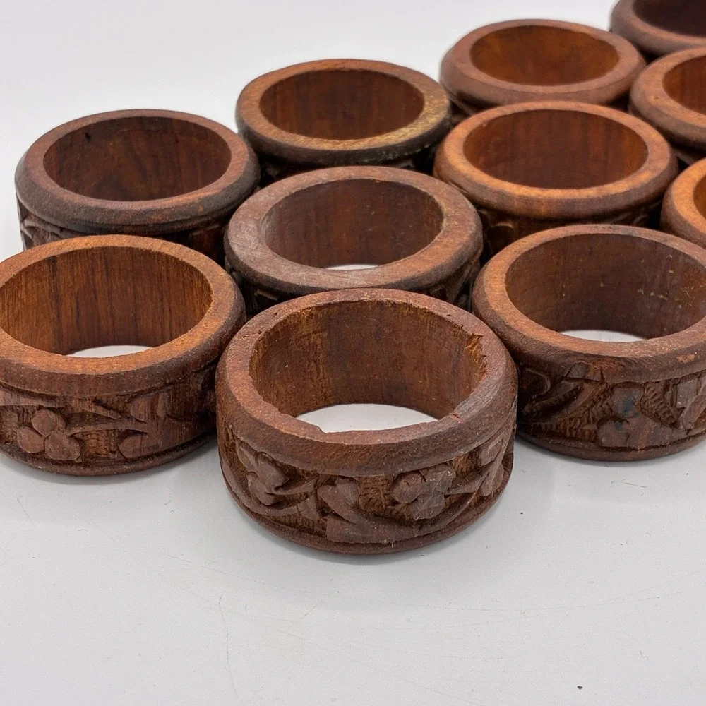Vintage Hand Carved Wood Napkin Rings Set of 12 Leaf Floral Design